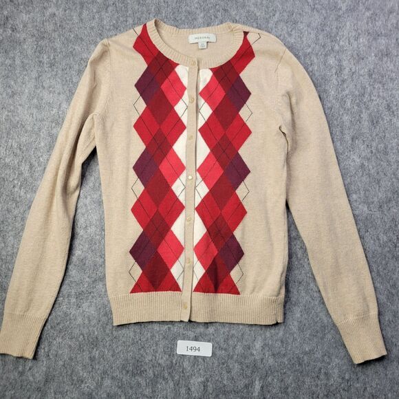 Merona Women Sweater XS Woolblend‎ Brown Red Argyle Button Up Preppy Academia - Picture 2 of 7